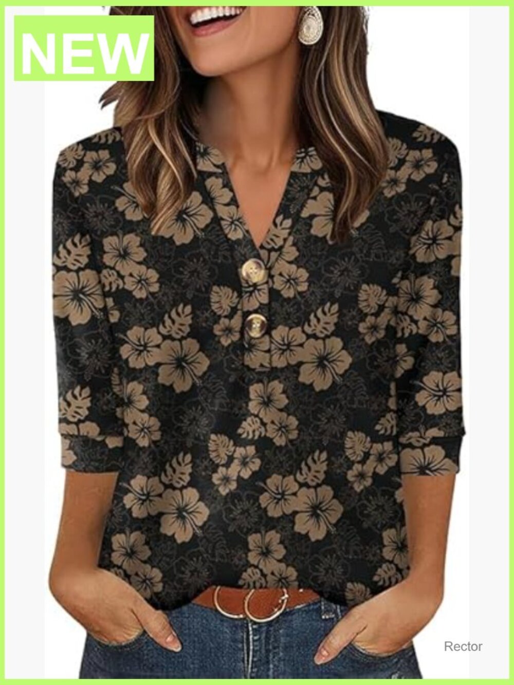 3/4 Sleeve Henley Blouse V-Neck Button Down Pullover Summer Work Blouse